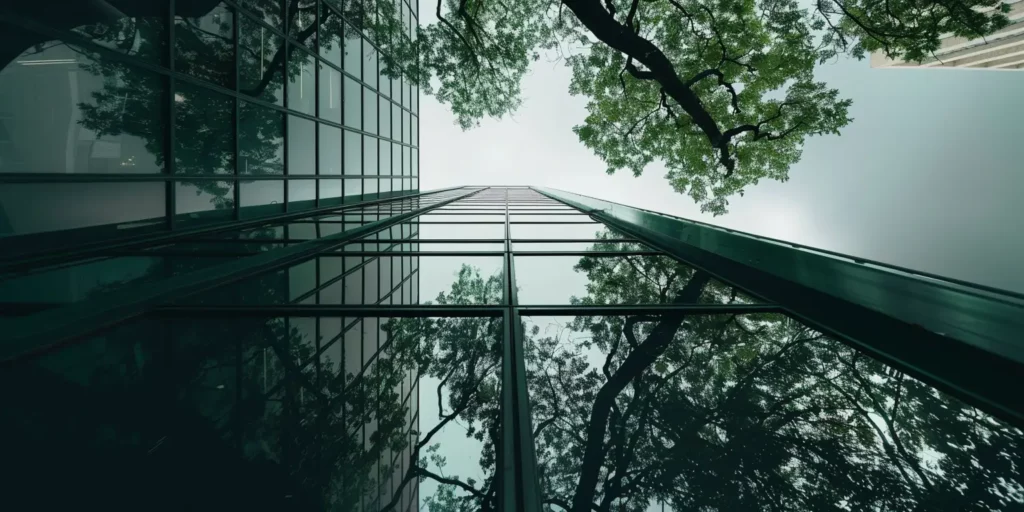 Szklany biurowiec z odbiciem drzew – symbol integracji ESG z architekturą.